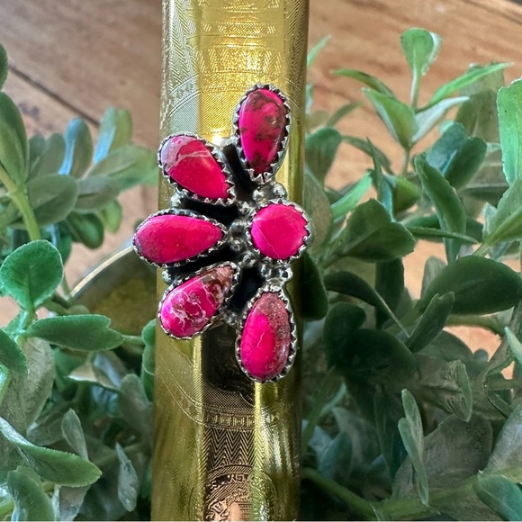 Sea Sediment Pink Jasper Adjustable Sterling Silver 925 Half Cluster Ring - Picture 4 of 9